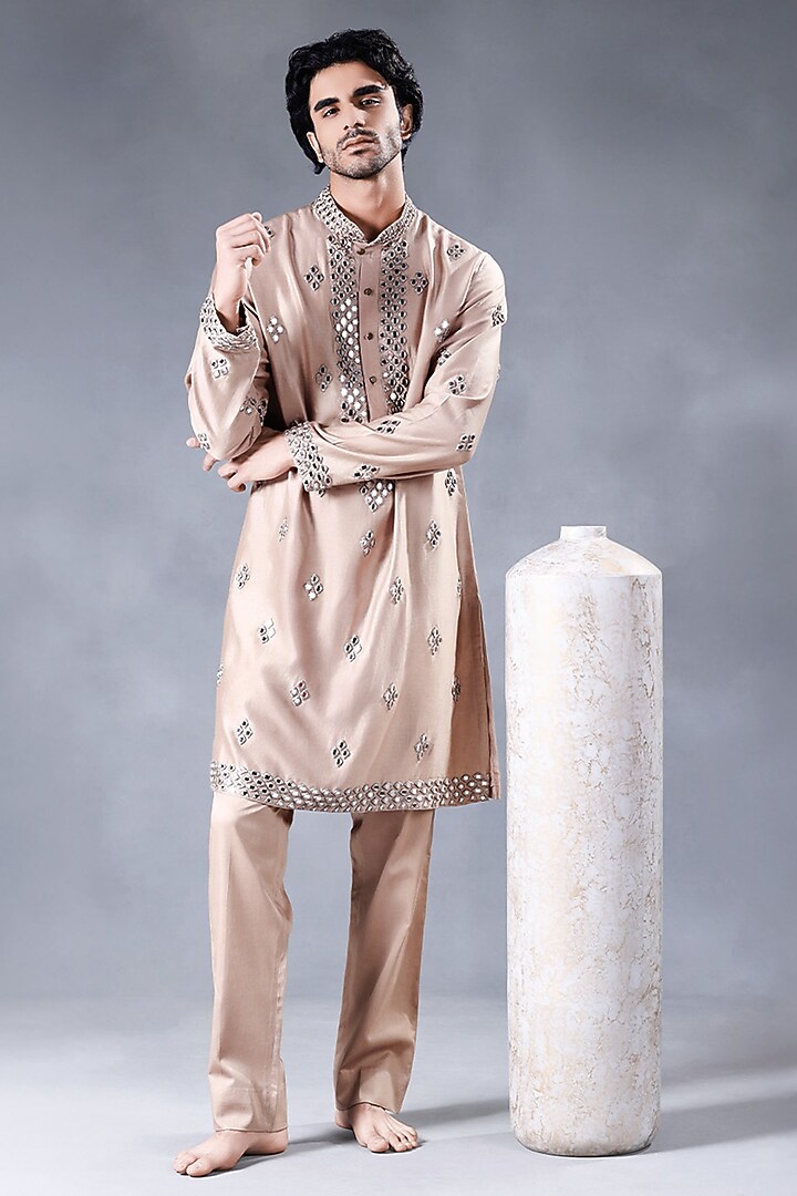 Beige-Brown Pure Chanderi Silk Mirror Work Kurta Set by JORAH MEN at Pernia's Pop Up Shop