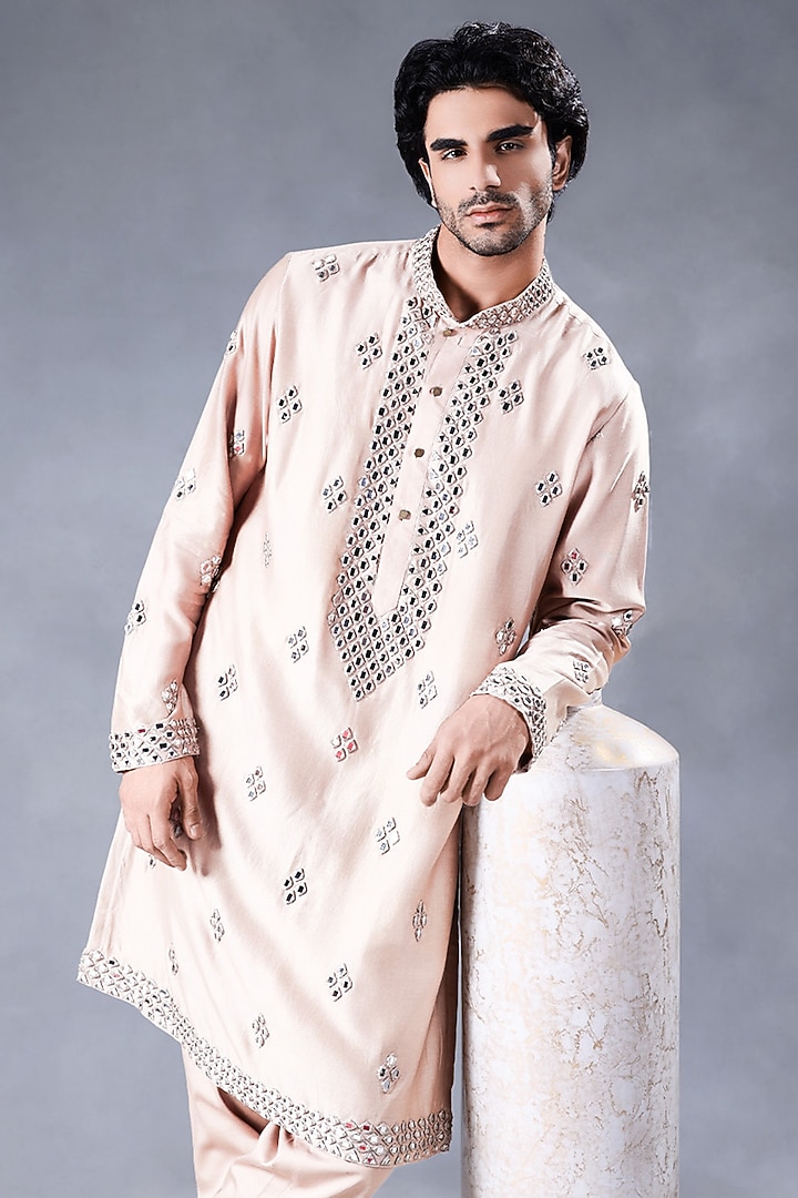 Beige-Brown Pure Chanderi Silk Mirror Work Kurta Set by JORAH MEN at Pernia's Pop Up Shop