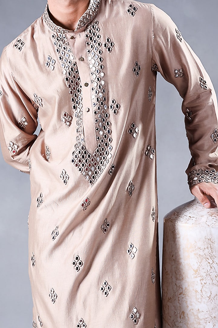 Beige-Brown Pure Chanderi Silk Mirror Work Kurta Set by JORAH MEN at Pernia's Pop Up Shop