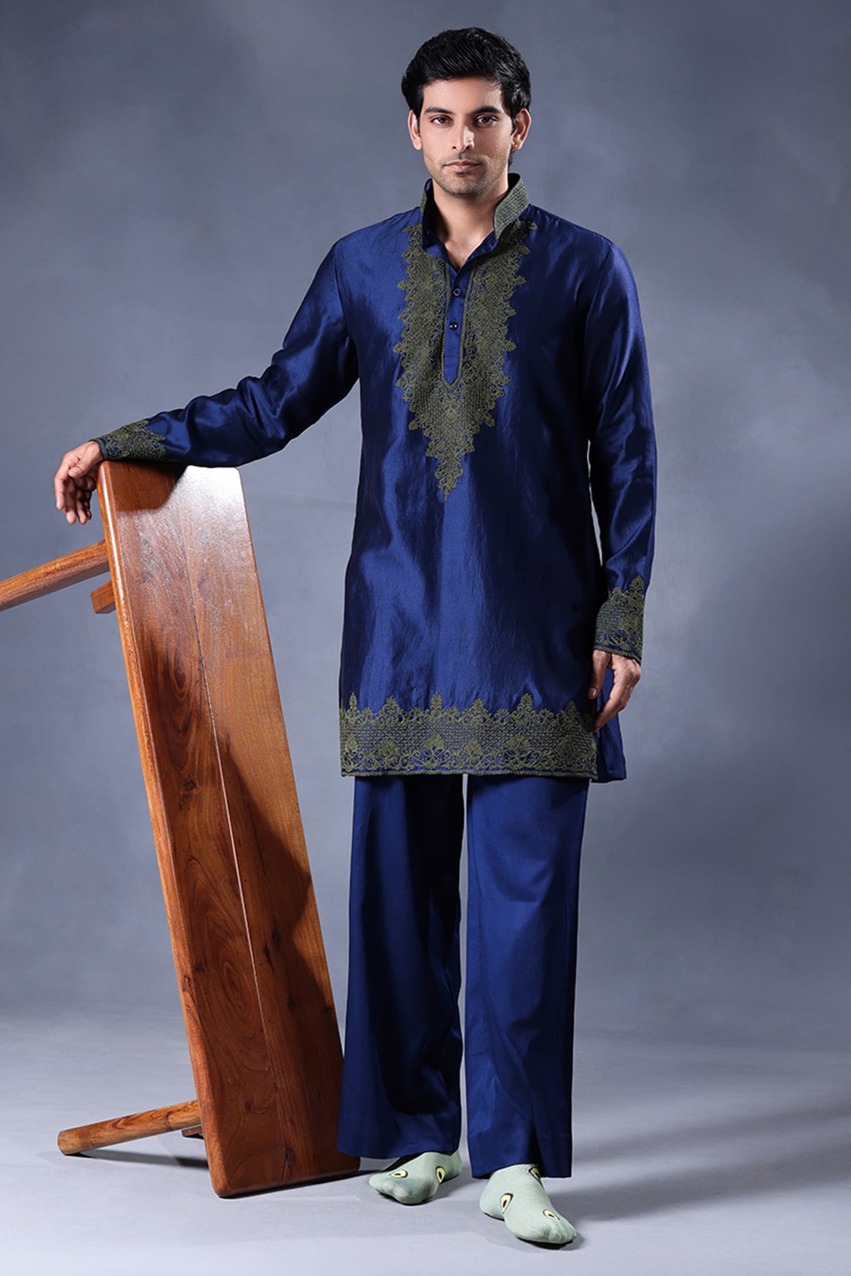 JORAH Blue Pure Chanderi Silk Dori Embroidered Kurta Set