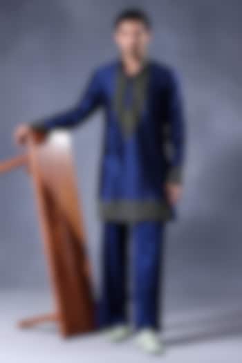 Blue Pure Chanderi Silk Dori Embroidered Kurta Set by JORAH MEN at Pernia's Pop Up Shop