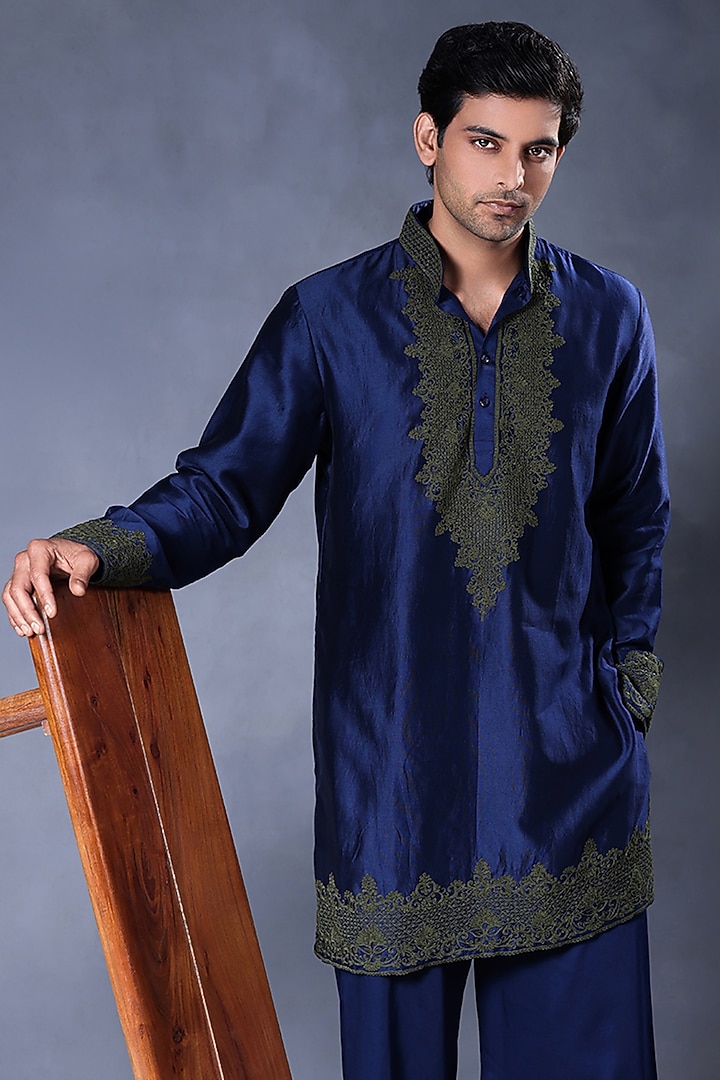 Blue Pure Chanderi Silk Dori Embroidered Kurta Set by JORAH MEN at Pernia's Pop Up Shop