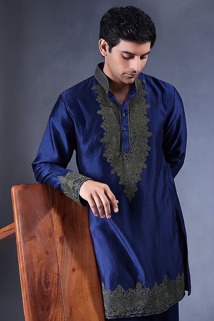 Blue Pure Chanderi Silk Dori Embroidered Kurta Set by JORAH MEN at Pernia's Pop Up Shop