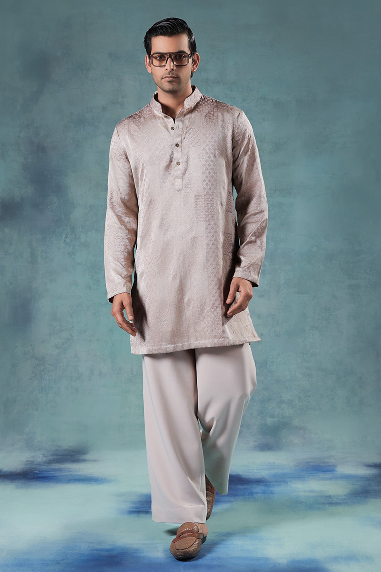 JORAH Champagne Beige Satin Resham Embroidered Kurta Set
