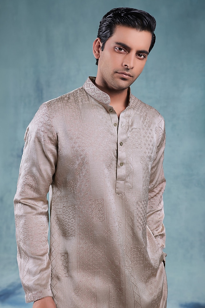 Champagne Beige Satin Resham Embroidered Kurta Set by JORAH MEN at Pernia's Pop Up Shop