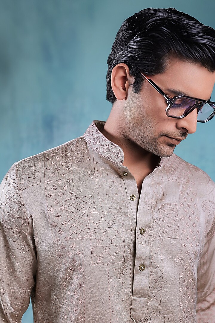 Champagne Beige Satin Resham Embroidered Kurta Set by JORAH MEN at Pernia's Pop Up Shop