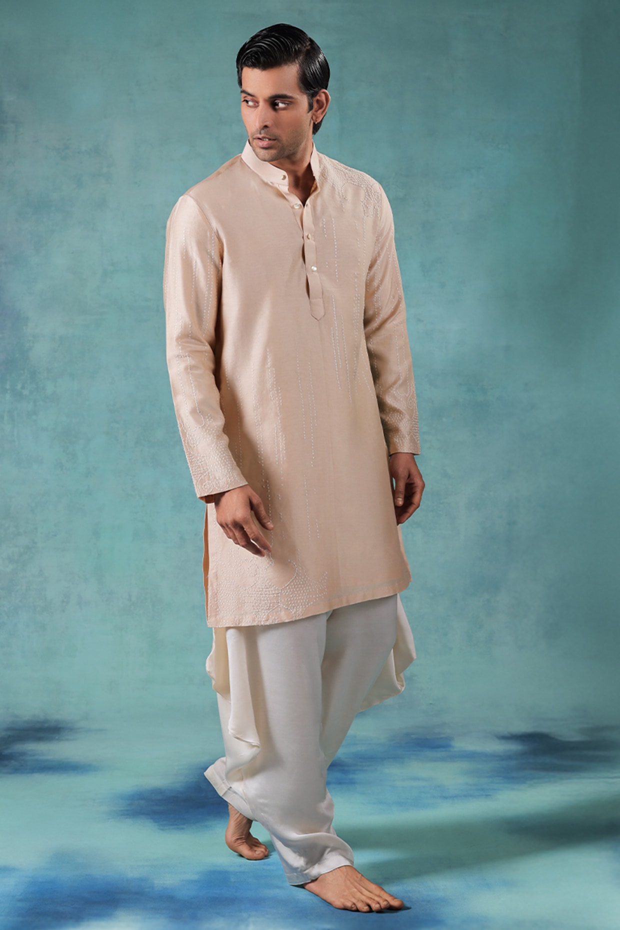 JORAH Peach Pure Chanderi Silk Thread Embroidered Kurta Set