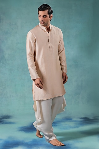 Peach Pure Chanderi Silk Thread Embroidered Kurta Set by JORAH MEN