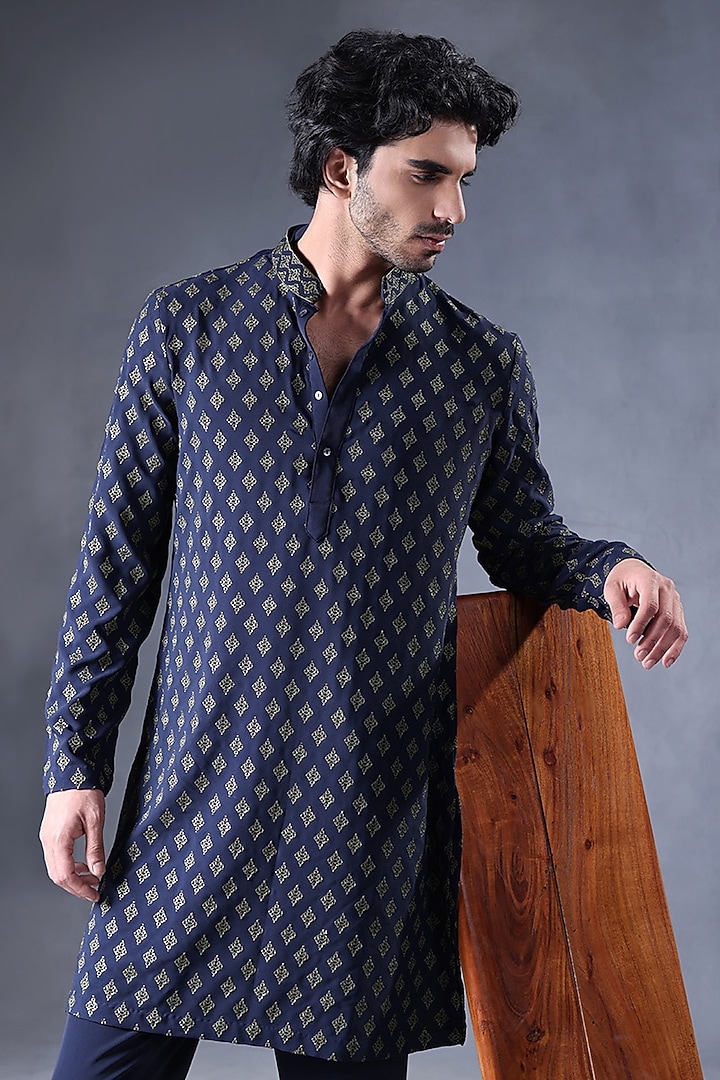 Blue Crepe Resham Embroidered Kurta Set by JORAH MEN at Pernia's Pop Up Shop