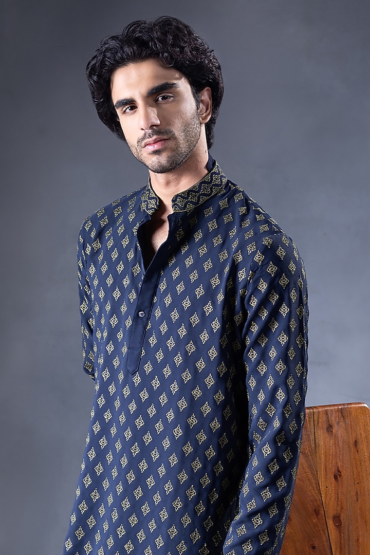 Blue Crepe Resham Embroidered Kurta Set by JORAH MEN at Pernia's Pop Up Shop