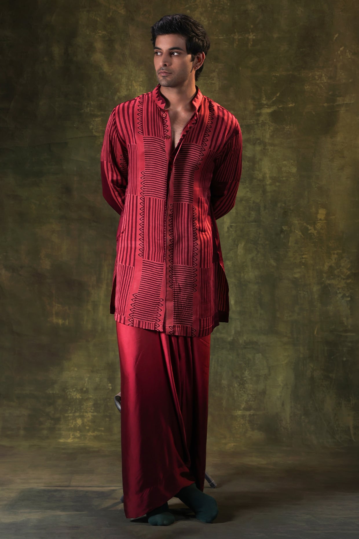 JORAH Red Satin Striped Printed Kurta Set