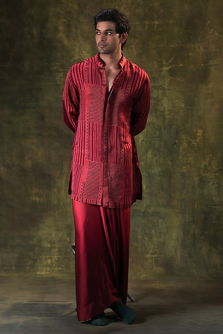 Red Satin Striped Printed Kurta Set by JORAH MEN at Pernia's Pop Up Shop