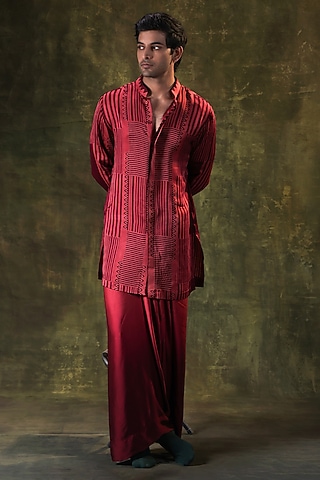 Red Satin Striped Printed Kurta Set by JORAH MEN