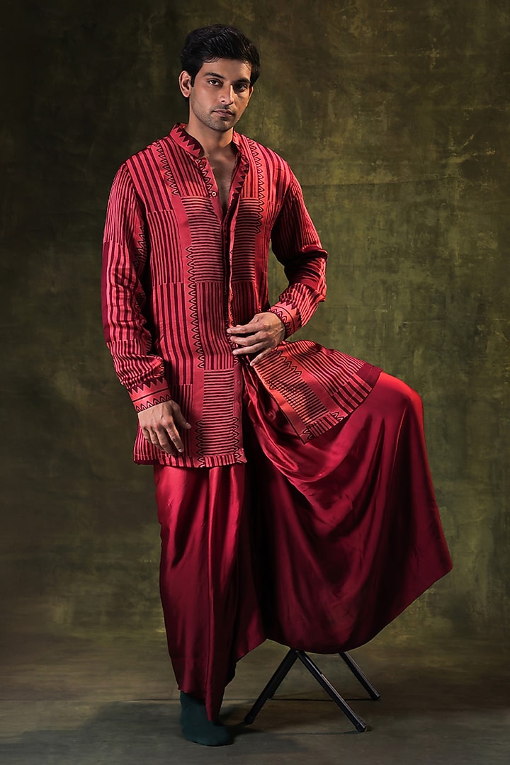 Red Satin Striped Printed Kurta Set by JORAH MEN at Pernia's Pop Up Shop