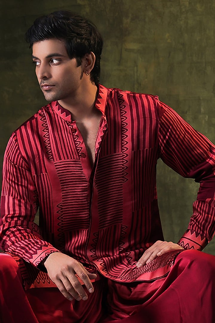 Red Satin Striped Printed Kurta Set by JORAH MEN at Pernia's Pop Up Shop
