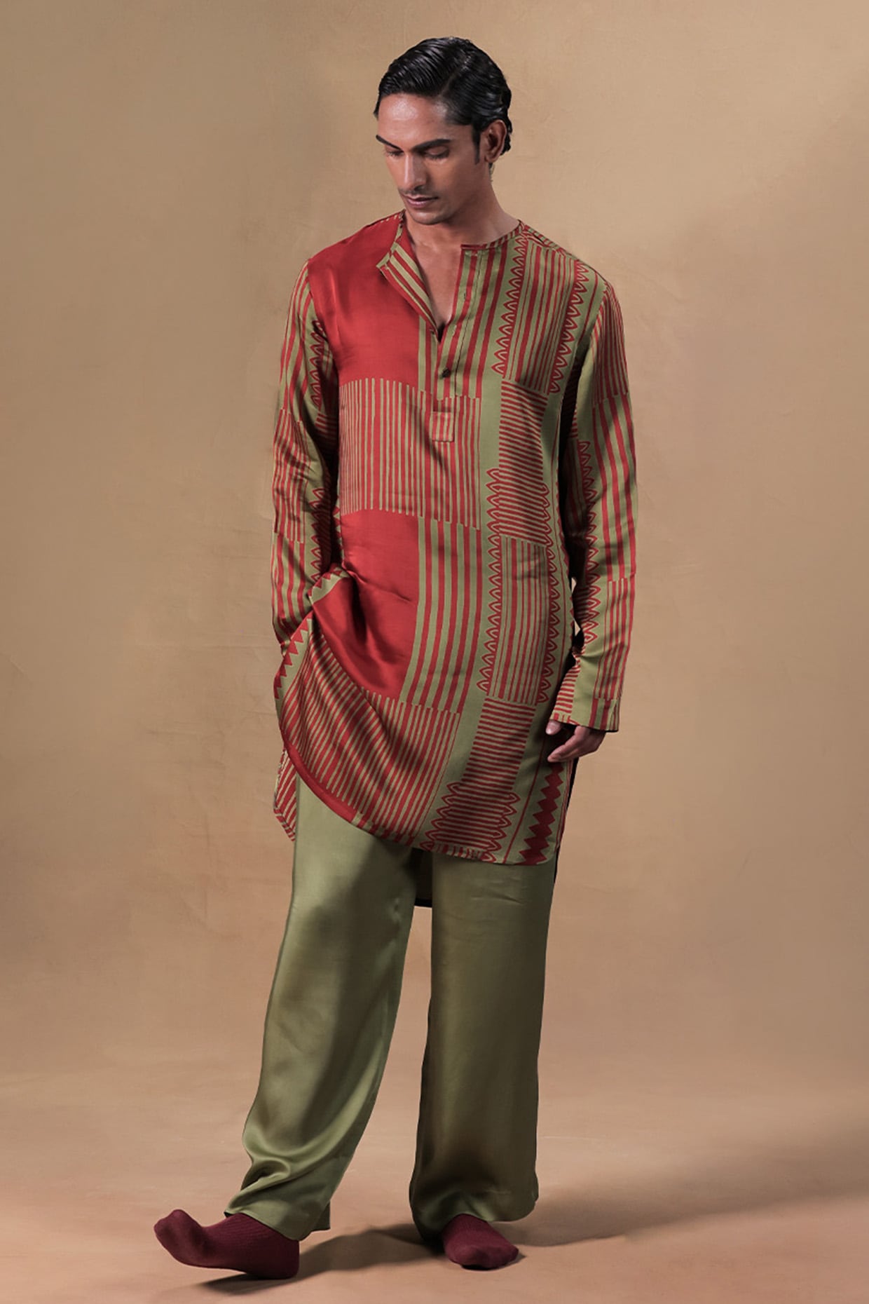 JORAH Rust & Sage Green Satin Striped Printed Kurta Set
