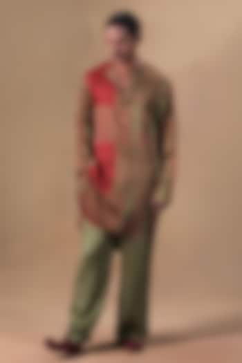 Rust & Sage Green Satin Striped Printed Kurta Set by JORAH MEN at Pernia's Pop Up Shop