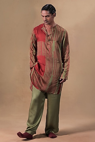 Rust & Sage Green Satin Striped Printed Kurta Set by JORAH MEN