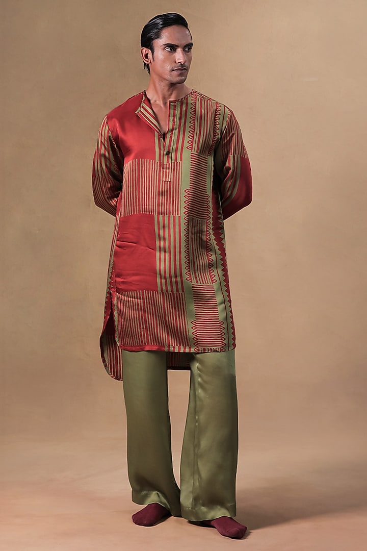 Rust & Sage Green Satin Striped Printed Kurta Set by JORAH MEN at Pernia's Pop Up Shop