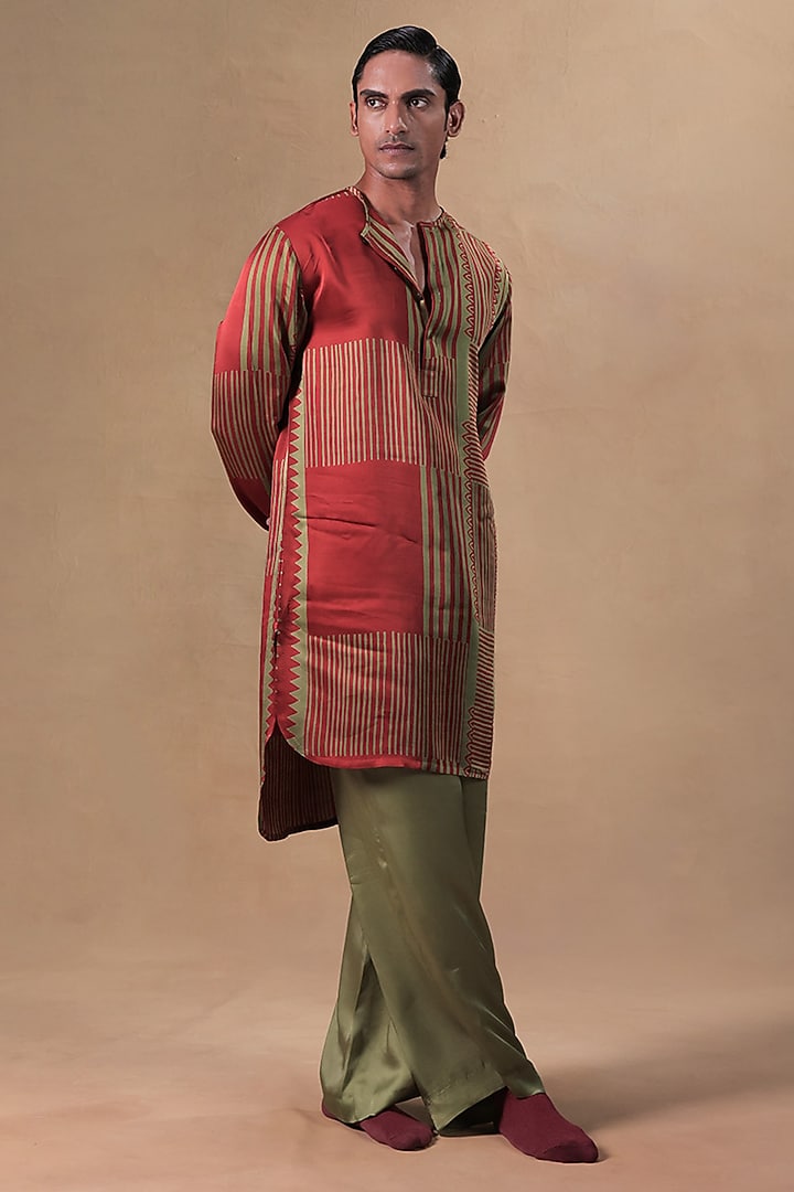 Rust & Sage Green Satin Striped Printed Kurta Set by JORAH MEN at Pernia's Pop Up Shop