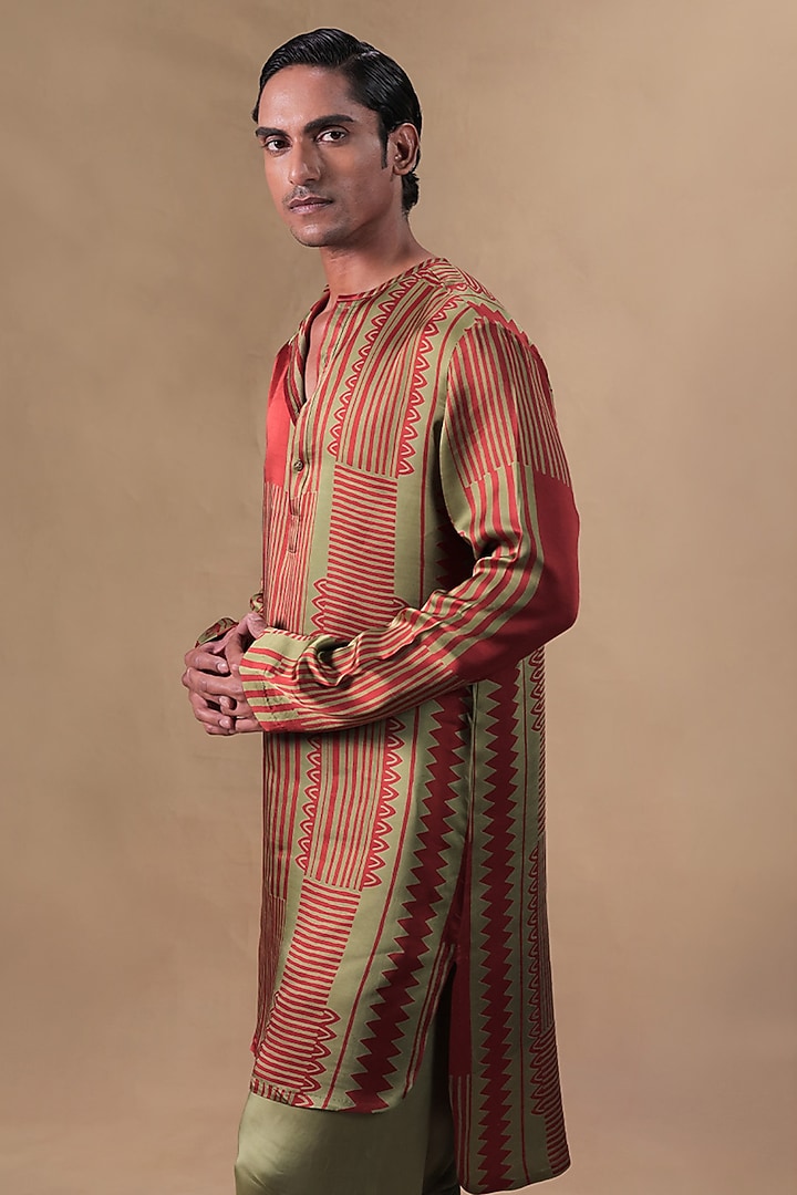 Rust & Sage Green Satin Striped Printed Kurta Set by JORAH MEN at Pernia's Pop Up Shop