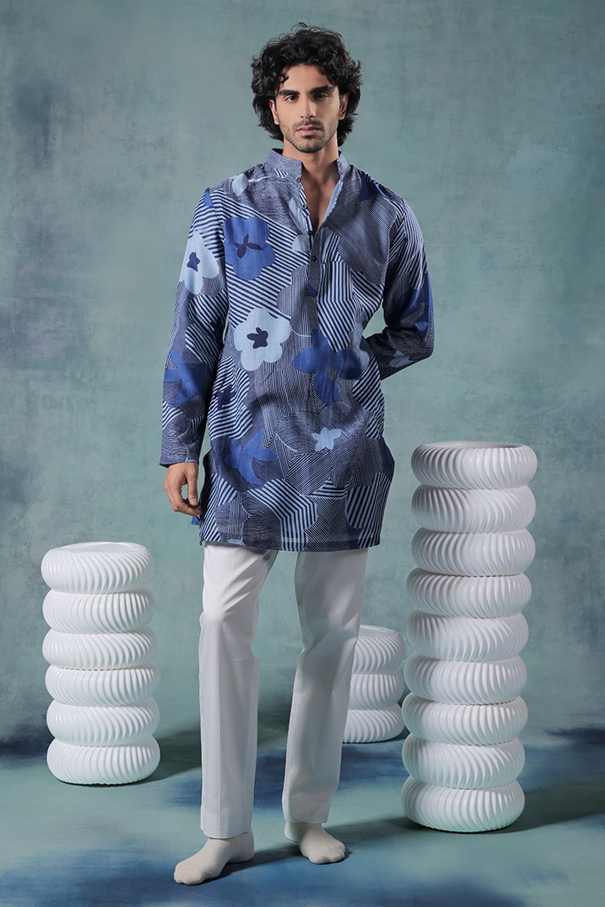 JORAH Blue Mul Chanderi Printed Kurta Set