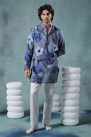 Blue Mul Chanderi Printed Kurta Set by JORAH MEN