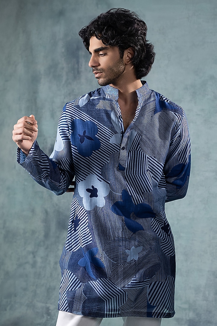 Blue Mul Chanderi Printed Kurta Set by JORAH MEN at Pernia's Pop Up Shop
