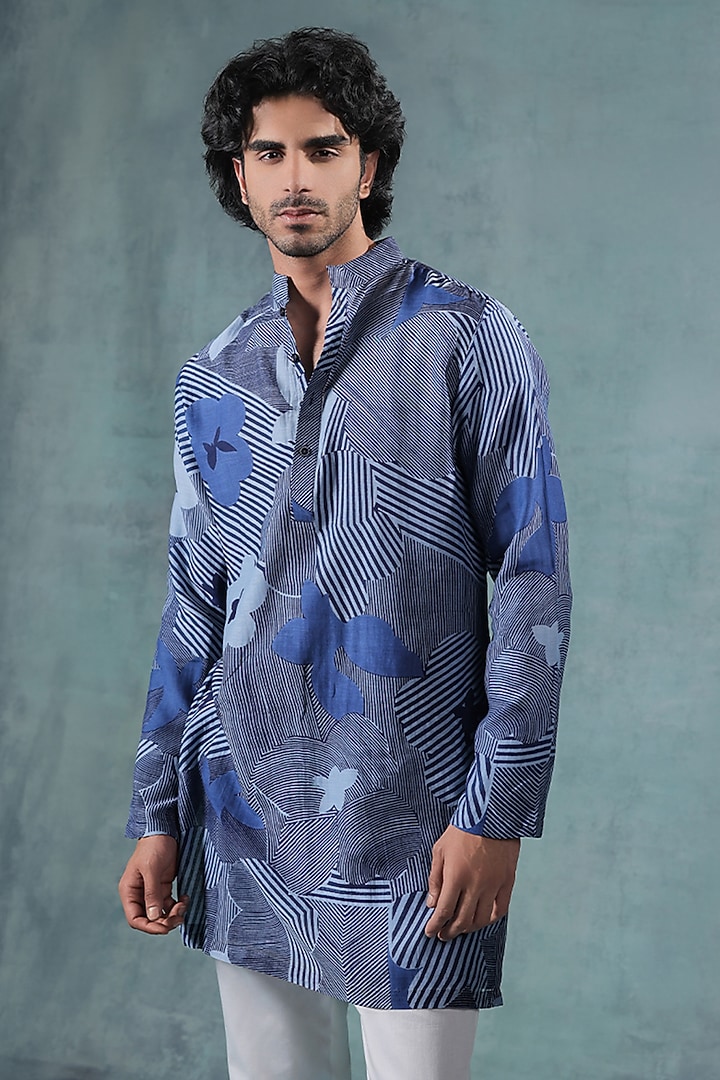 Blue Mul Chanderi Printed Kurta Set by JORAH MEN at Pernia's Pop Up Shop