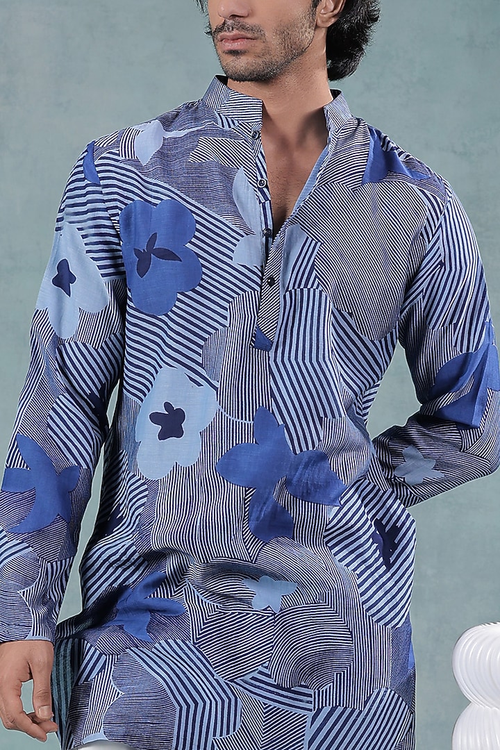 Blue Mul Chanderi Printed Kurta Set by JORAH MEN at Pernia's Pop Up Shop