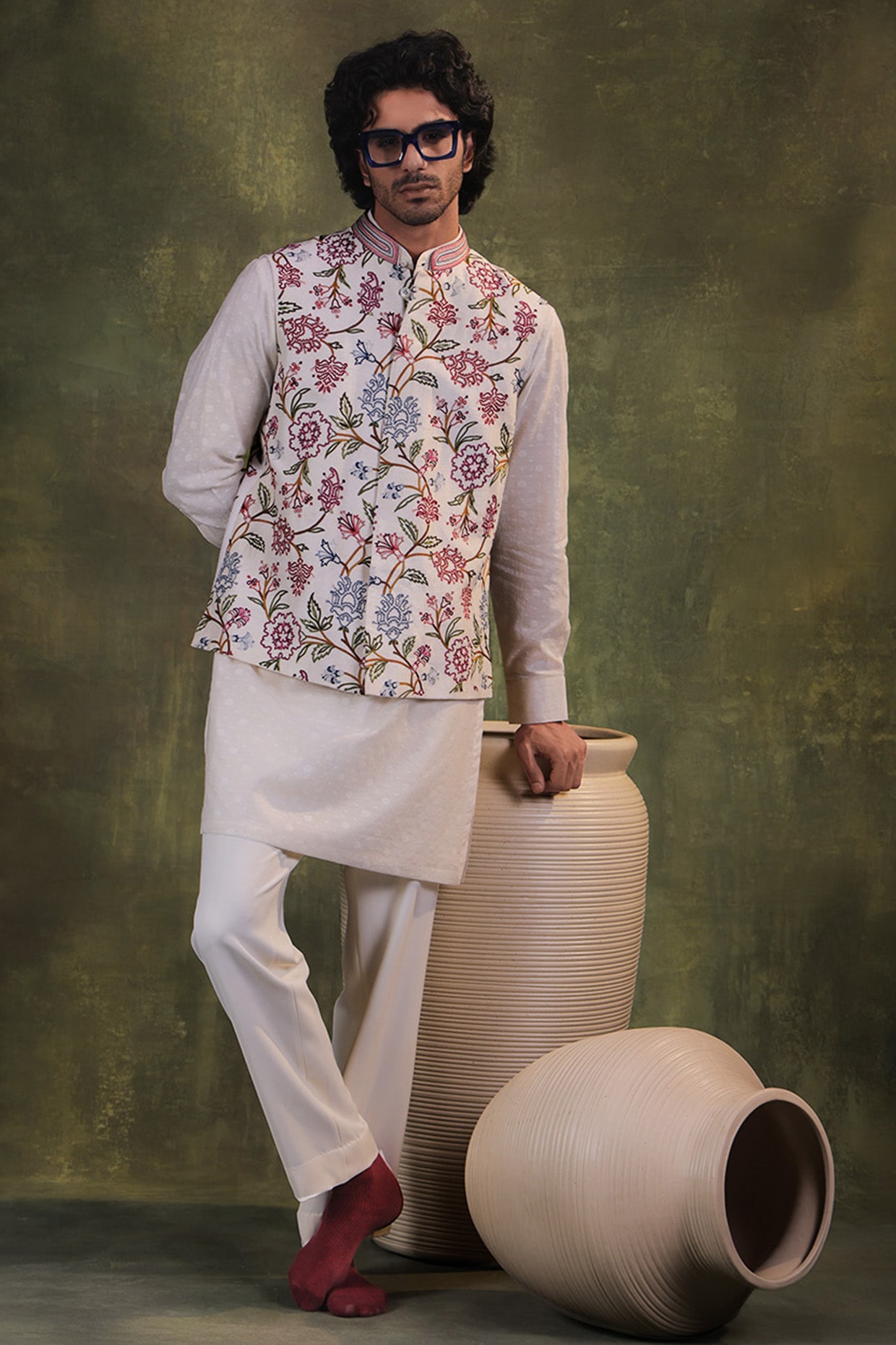 JORAH Ivory Dupion Silk Aari Embroidered Nehru Jacket Set