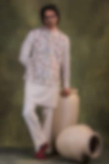 Ivory Dupion Silk Aari Embroidered Nehru Jacket Set by JORAH MEN at Pernia's Pop Up Shop