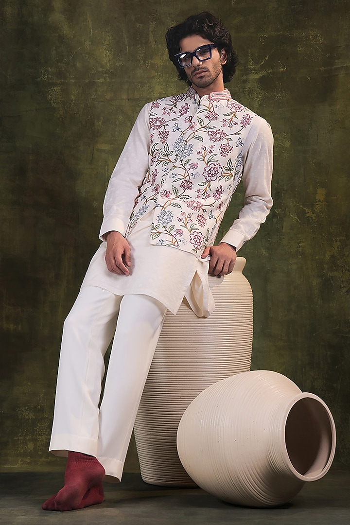 Ivory Dupion Silk Aari Embroidered Nehru Jacket Set by JORAH MEN at Pernia's Pop Up Shop