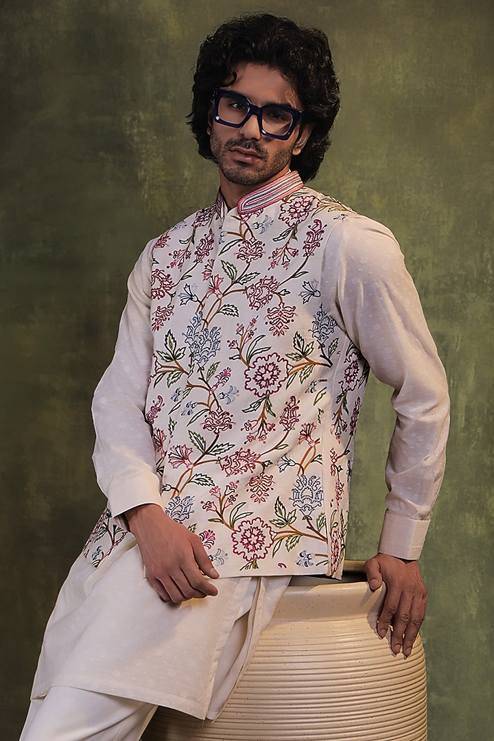 Ivory Dupion Silk Aari Embroidered Nehru Jacket Set by JORAH MEN at Pernia's Pop Up Shop