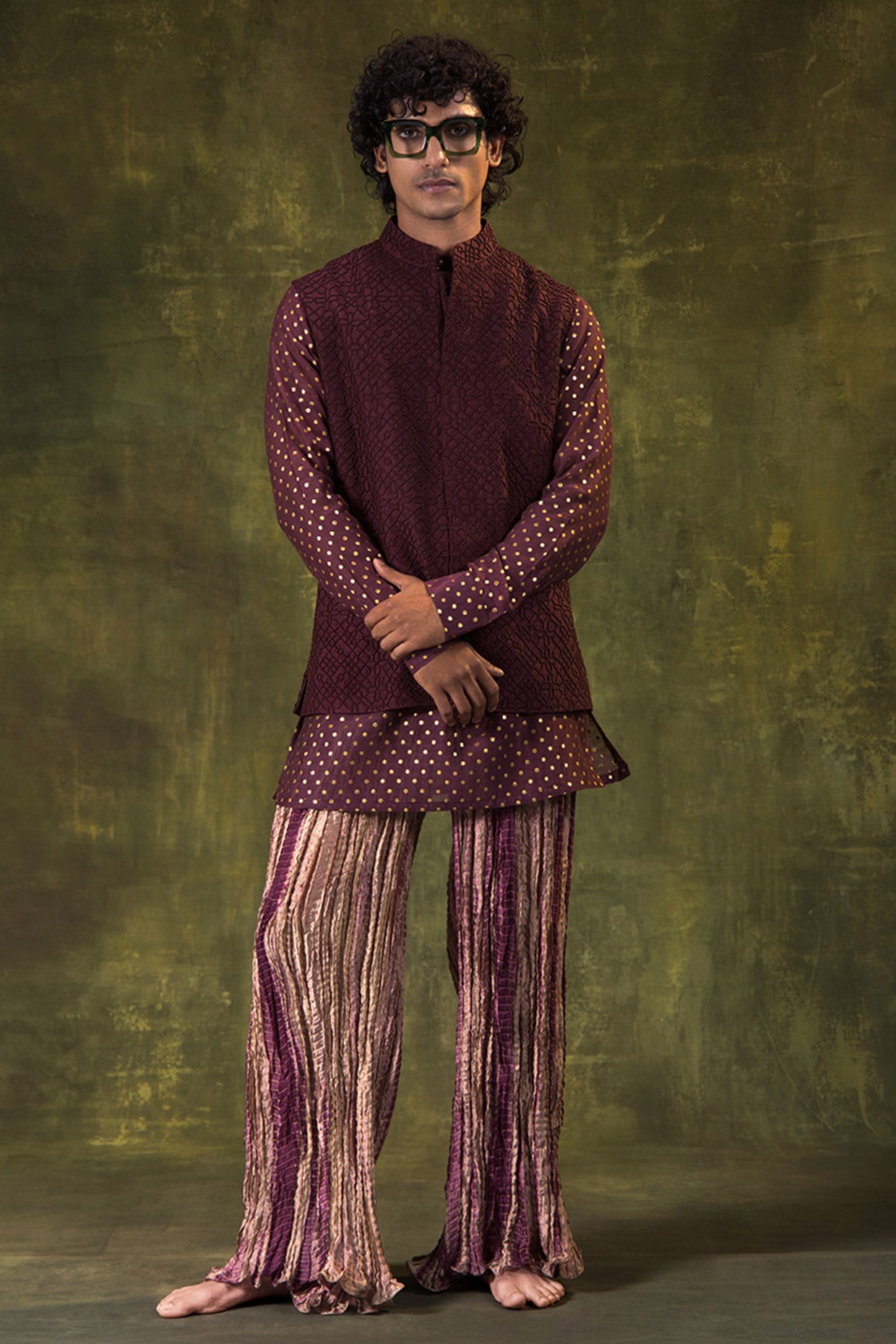 JORAH Wine Dupion Silk Embellished Nehru Jacket Set