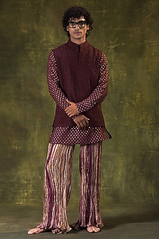 Wine Dupion Silk Embellished Nehru Jacket Set by JORAH MEN
