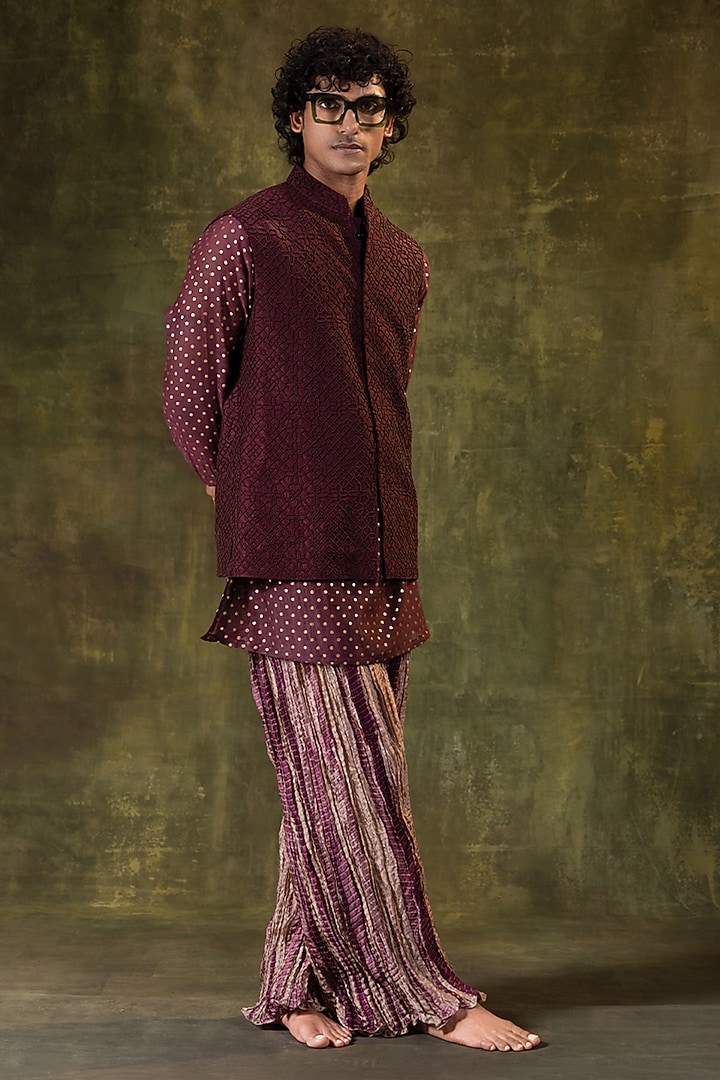 Wine Dupion Silk Embellished Nehru Jacket Set by JORAH MEN at Pernia's Pop Up Shop