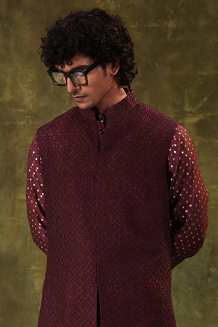Wine Dupion Silk Embellished Nehru Jacket Set by JORAH MEN at Pernia's Pop Up Shop