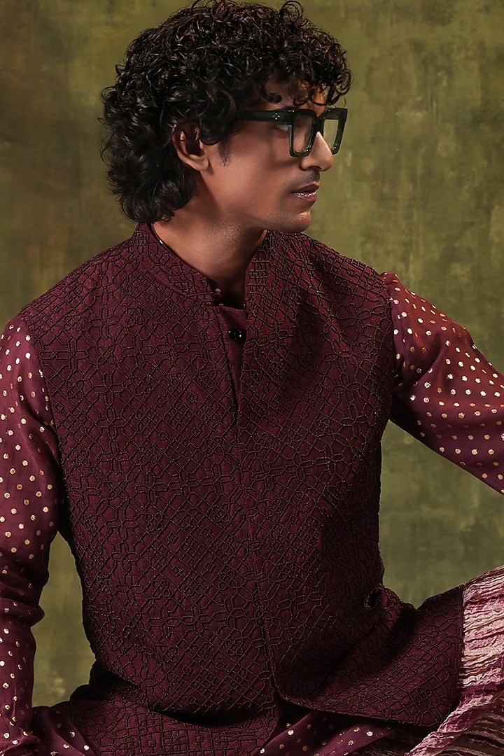 Wine Dupion Silk Embellished Nehru Jacket Set by JORAH MEN at Pernia's Pop Up Shop