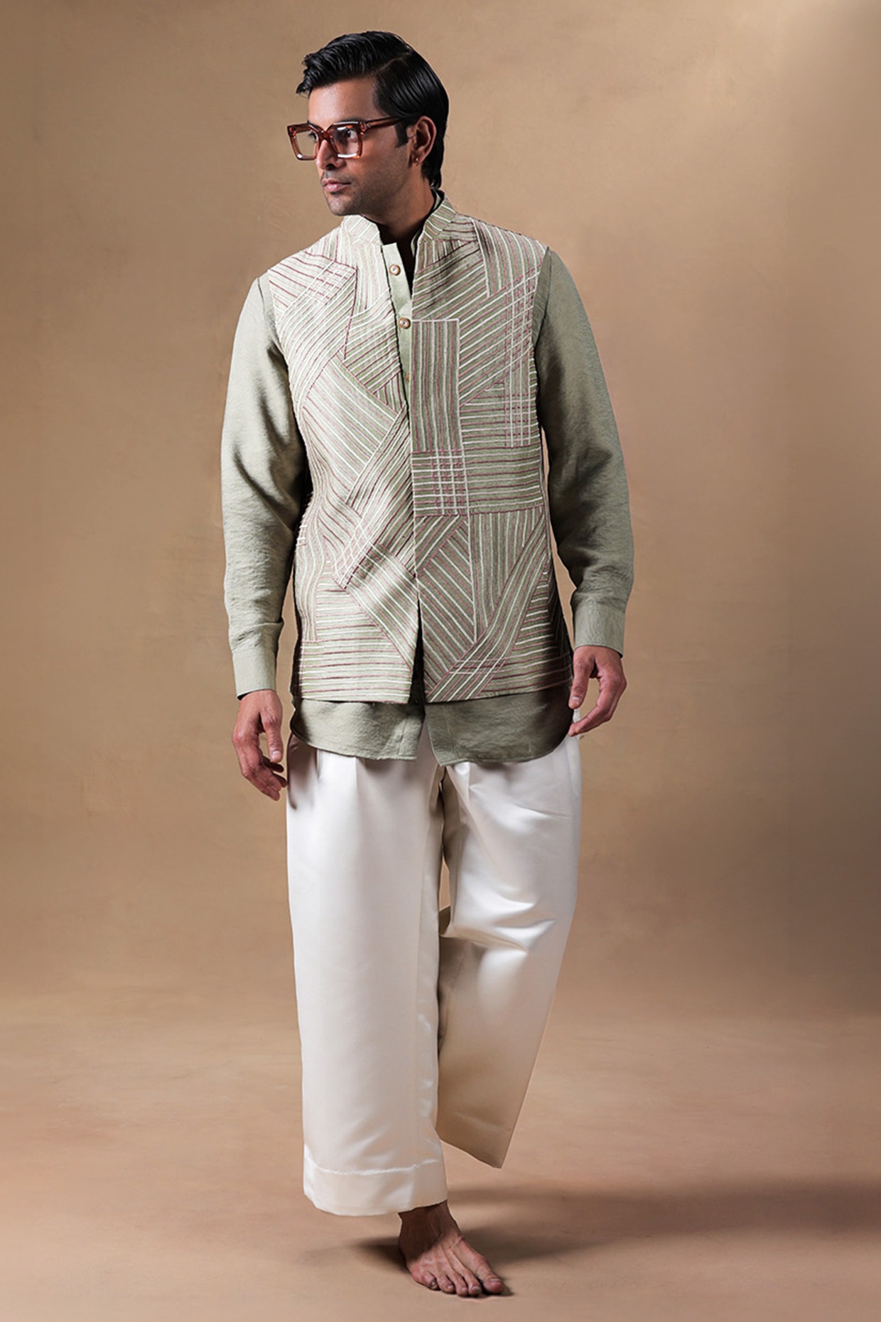 JORAH Muted Sage Green Dupion Silk Embellished Nehru Jacket Set