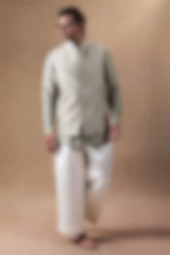 Muted Sage Green Dupion Silk Embellished Nehru Jacket Set by JORAH MEN at Pernia's Pop Up Shop