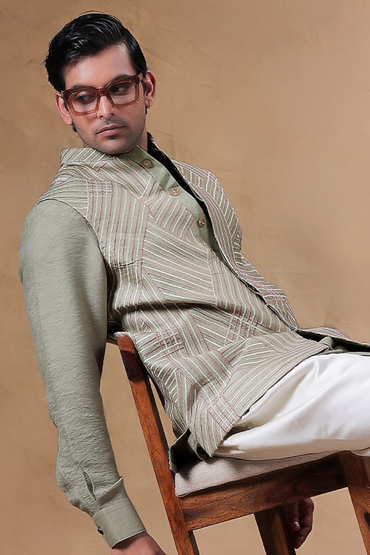Muted Sage Green Dupion Silk Embellished Nehru Jacket Set by JORAH MEN at Pernia's Pop Up Shop