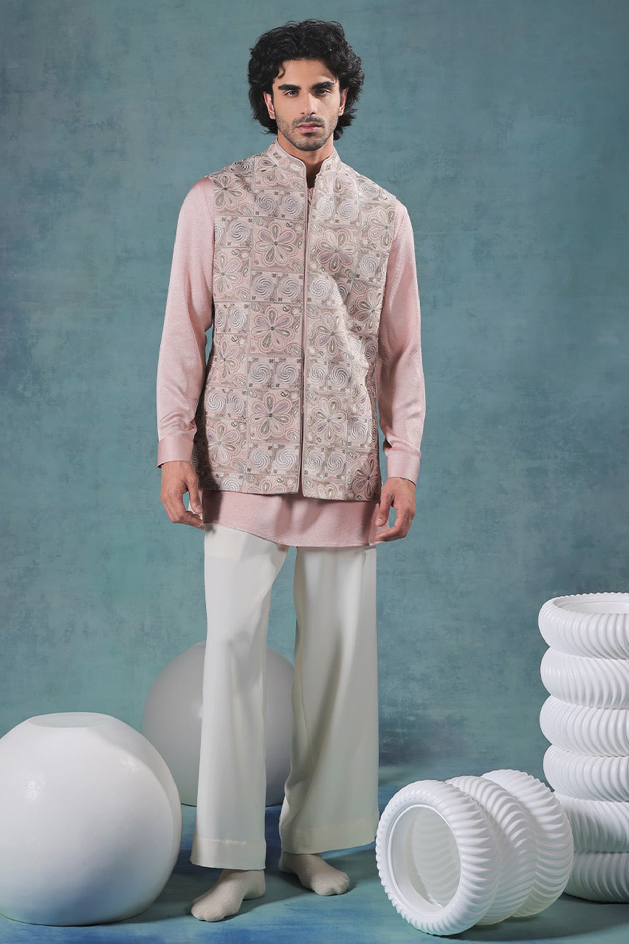 JORAH Peach Crepe Resham Embroidered Nehru Jacket Set