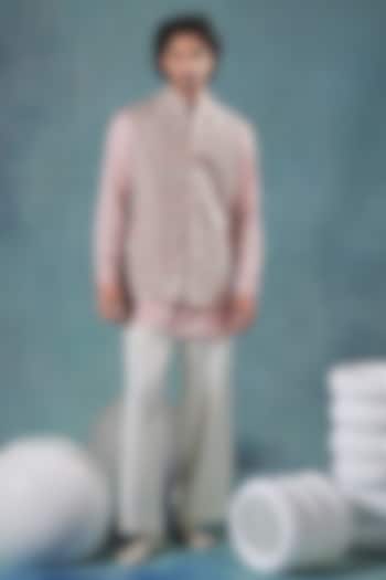 Peach Crepe Resham Embroidered Nehru Jacket Set by JORAH MEN at Pernia's Pop Up Shop