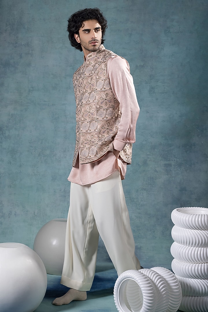 Peach Crepe Resham Embroidered Nehru Jacket Set by JORAH MEN at Pernia's Pop Up Shop