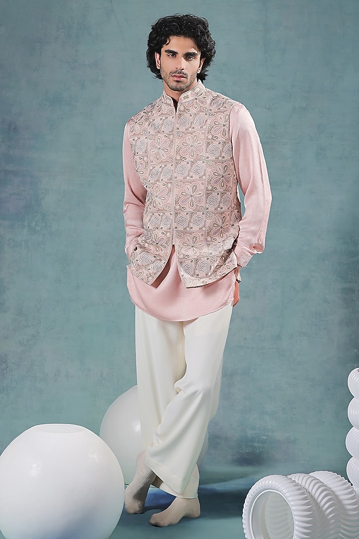 Peach Crepe Resham Embroidered Nehru Jacket Set by JORAH MEN at Pernia's Pop Up Shop