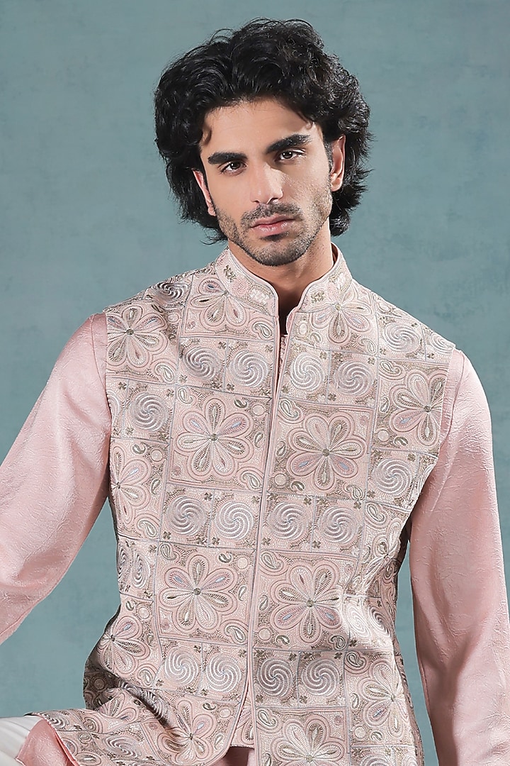 Peach Crepe Resham Embroidered Nehru Jacket Set by JORAH MEN at Pernia's Pop Up Shop