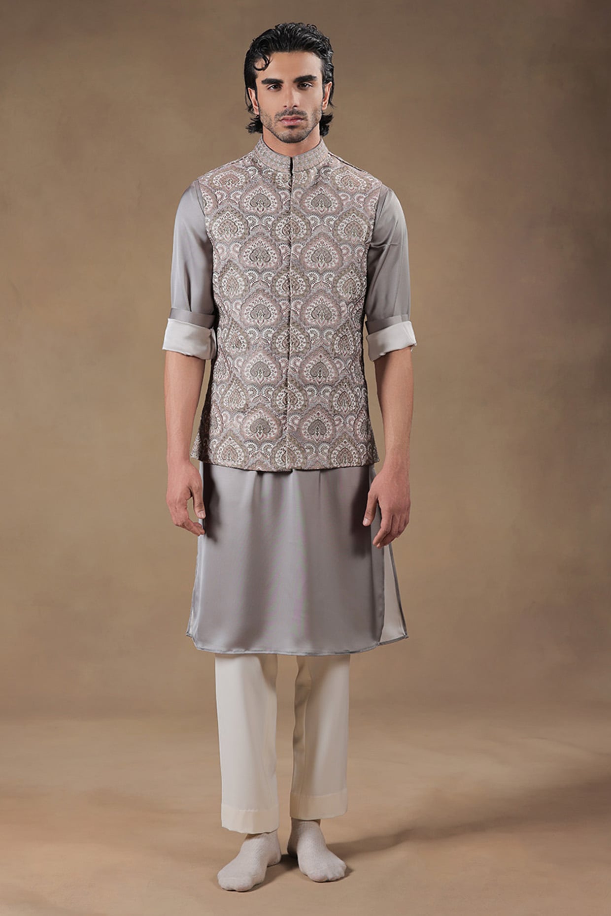 JORAH Muted Sage Green Crepe Embroidered Nehru Jacket Set