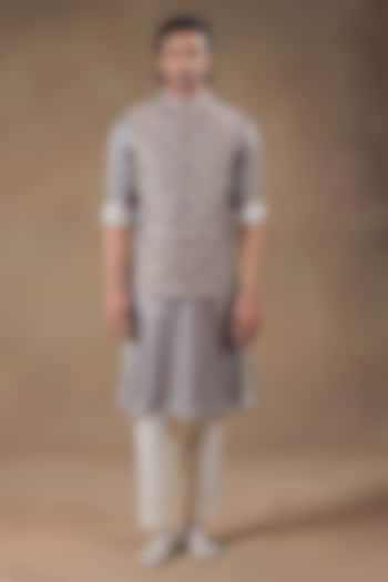Muted Sage Green Crepe Embroidered Nehru Jacket Set by JORAH MEN at Pernia's Pop Up Shop
