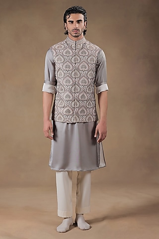 Muted Sage Green Crepe Embroidered Nehru Jacket Set by JORAH MEN